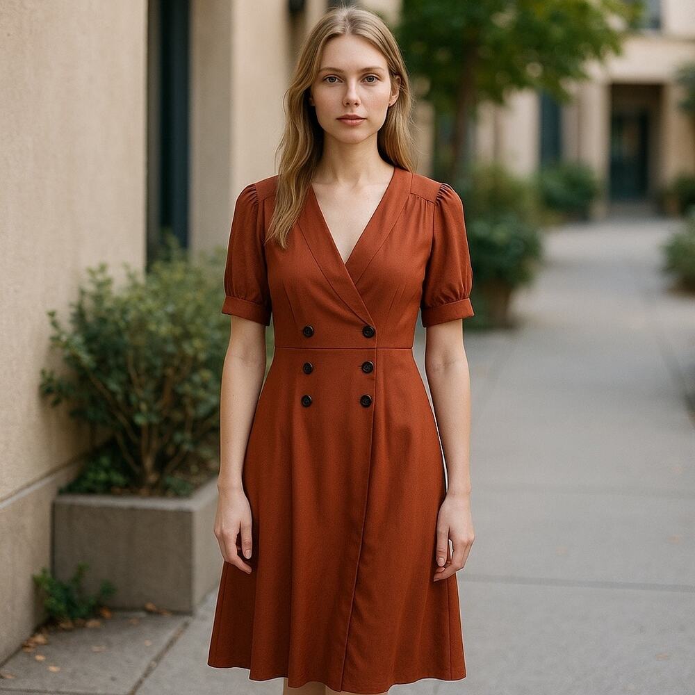 Avenue Zoe Rust Cotton Double Breasted Midi Wrap Dress Terracotta Boho New S